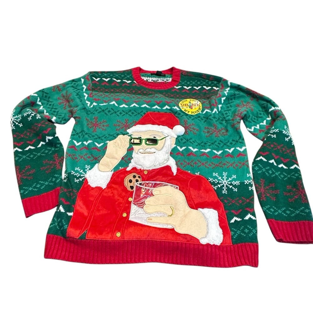 Blizzard Bay Men’s Ugly Christmas‎ Sweater Festive Santa, hold your drink Size M